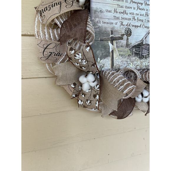 Farmhouse Religious Wreath – Neutral Amazing Grace Old Rugged Cross Decor - Picture 3 of 5